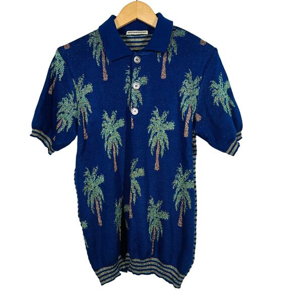 Erotokritos Metallic Silk Knit Top Short Sleeve Palm Tree Sweater Stripe - 1 - Picture 2 of 6